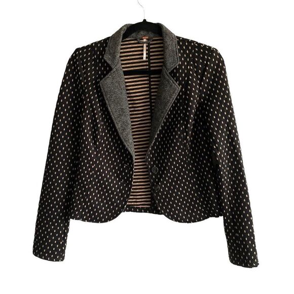 (SOLD) FREE PEOPLE Printed Cropped Blazer Black Camel S - Picture 7 of 16